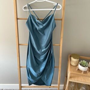 Blue Cowl Neck Fitted Dress